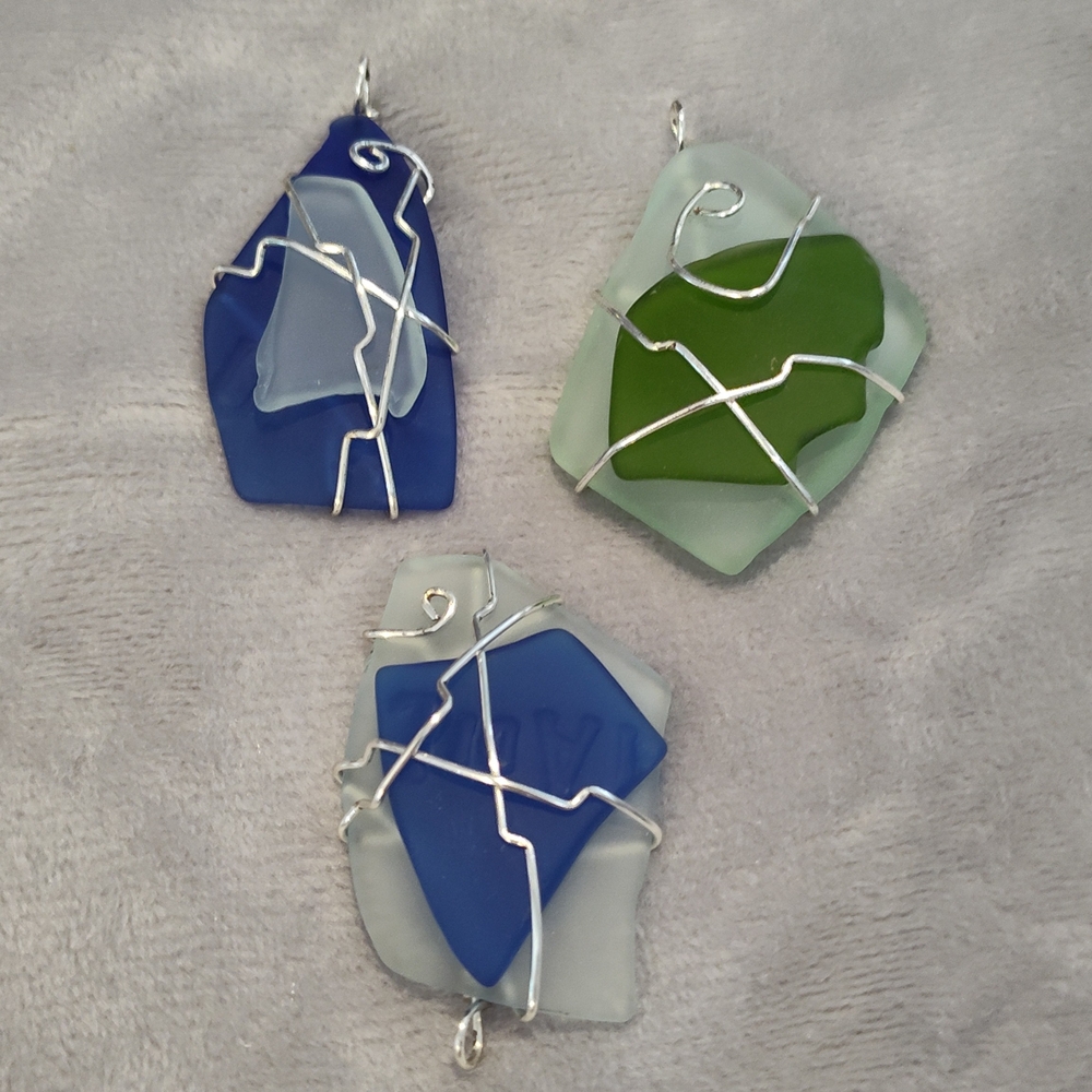 NEW! Handmade Elegant Silver Wire Wrapped Sea Glass Pendants